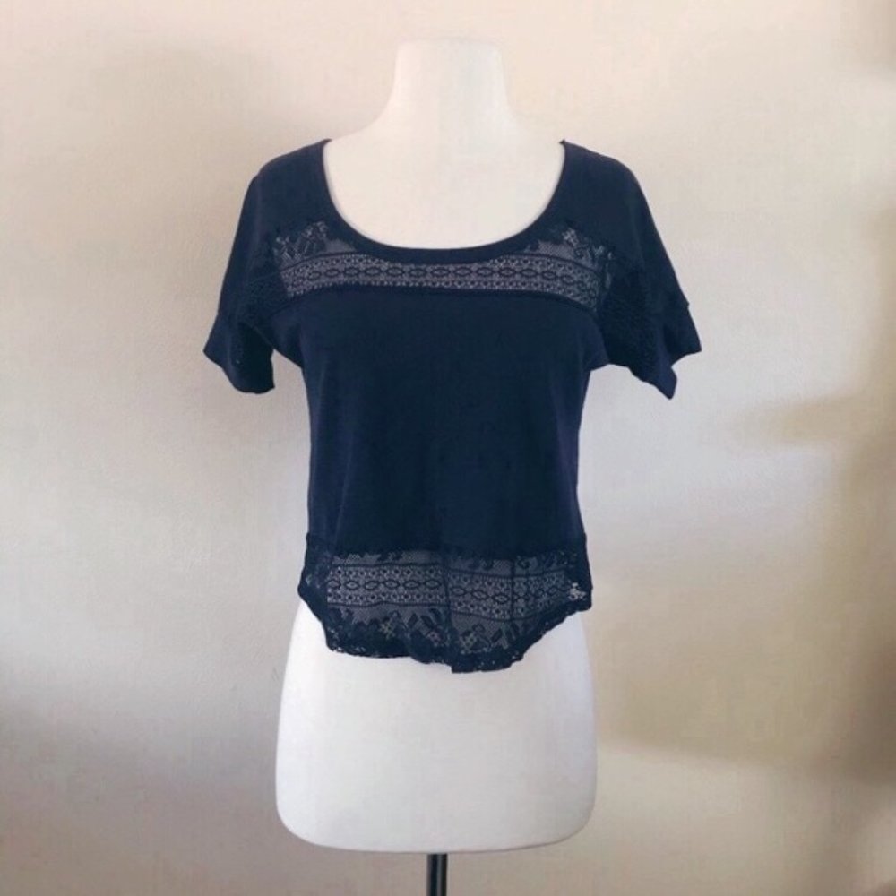 SO Lace Inset Crop T-Shirt Tee Top Small Blue